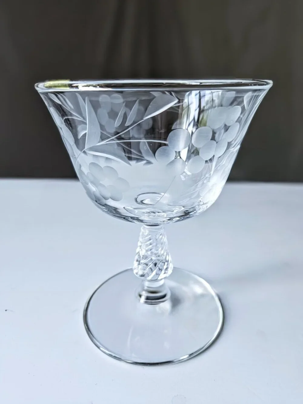 Set of 4 Etched Floral Fine Glass Coupes - Stemmed Baluster Twist